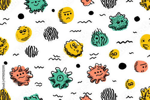 Colorful Doodle Pattern of Happy Cartoon People on White Background