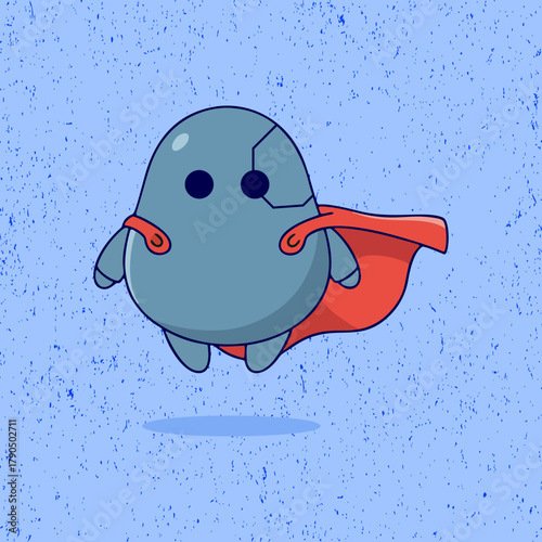 Cute cartoon robot in blue color flying with a red cape in flat vector style. Perfect for kids’ illustrations, futuristic posters, and fun superhero-themed designs.