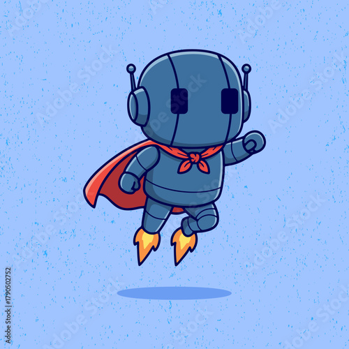 Cute cartoon robot in blue color flying with a red cape in flat vector style. Perfect for kids’ illustrations, futuristic posters, and fun superhero-themed designs.