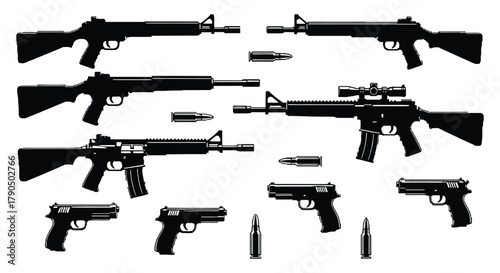 Illustration of various types of firearms and ammunition in black and white