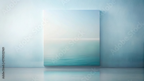 Serene Seascape Canvas Art Piece on a Light Blue Wall in a Minimalist Interior Setting