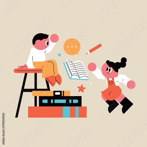 Kids Discovering the Joy of Books and Learning. Children having fun studying with friends.