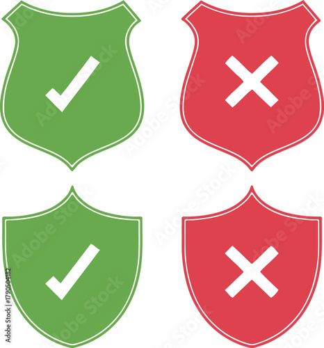 Security shield checkmark cross flat vector icon set