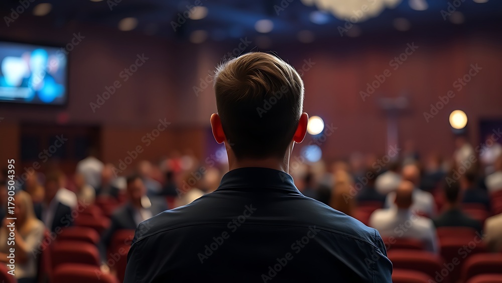 Fototapeta premium attendee. A lone attendee in a conference setting, with soft stage lighting highlighting the scene. pitch deck slides.