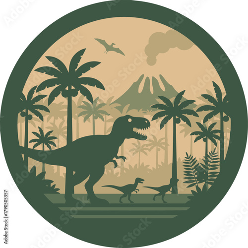 Minimalist Dinosaur Jungle Vector Logo Emblem - Prehistoric T-Rex and Volcano Scene