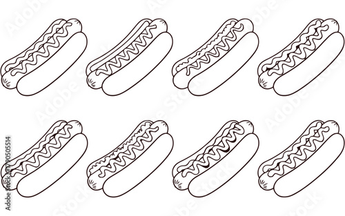 Cartoon hot dogs with mustard ketchup and relish illustration