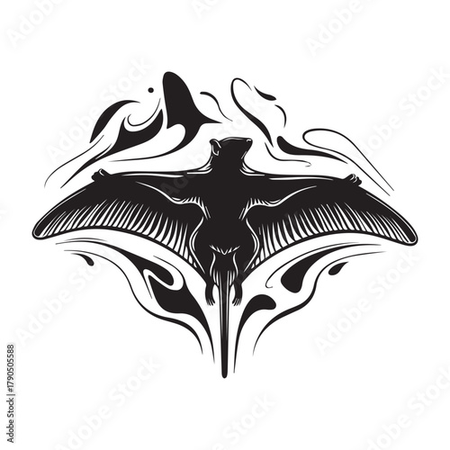 Dynamic Pterodactyl with Tribal Flames Black White Vector
