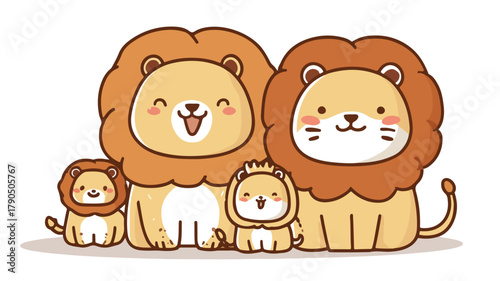 Cute Kawaii Lion Family and Baby Cartoon Characters Vector Illustration