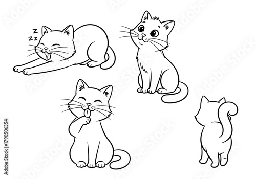 Four line art drawings of cats in different poses stretching sitting licking paw and from behind