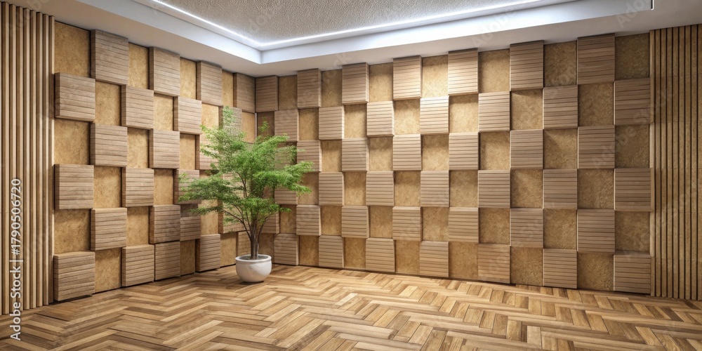Fototapeta premium Modern minimalist room interior design with textured wood wall and herringbone flooring, featuring a small potted plant