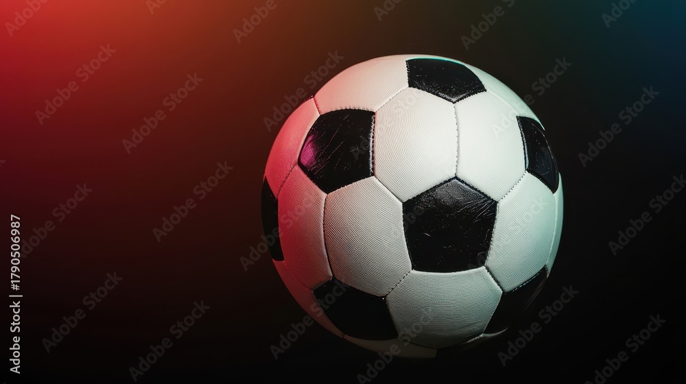 Fototapeta premium A close-up image of a classic black and white soccer ball against a colorful, gradient background, emphasizing its texture and details.