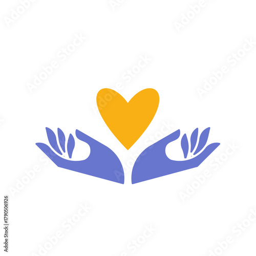 Hands cradling a heart symbol, representing care, love, and compassion within a design icon