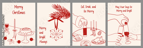 Christmas greeting cards set. Hand drawn doodle design of festive dinner, wine, and ornament. Minimalist line art.