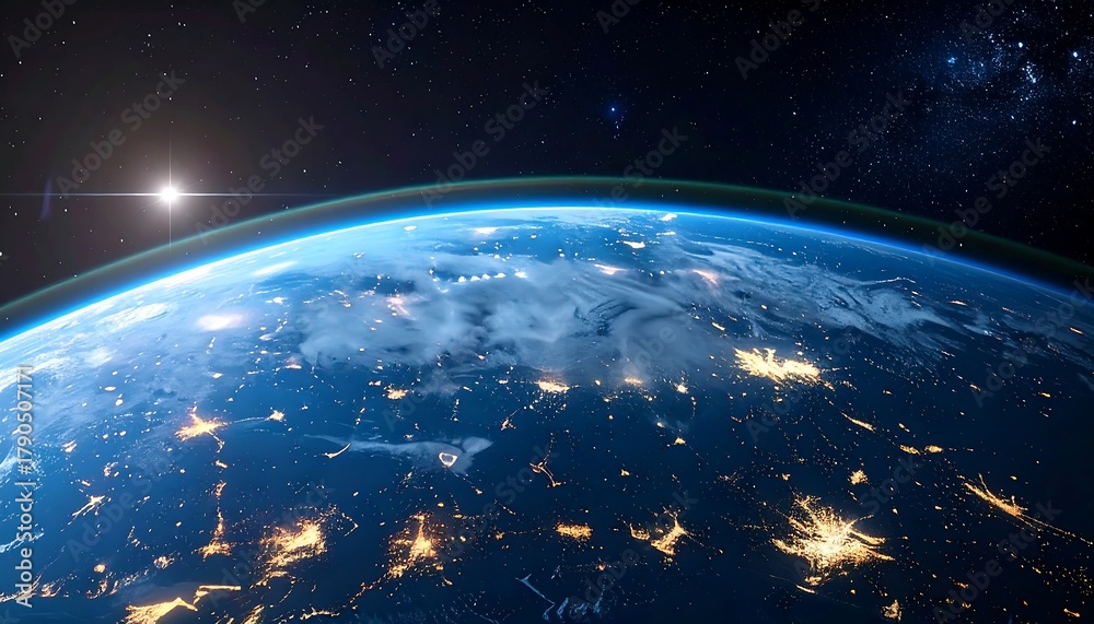 Obraz premium Earth from space shows city lights and cloud cover, sun glare visible