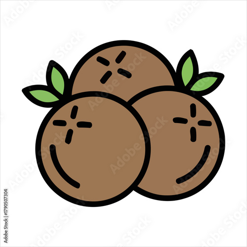 Simple illustration of three brown fruits with green leaves and small black dots, suitable for healthy eating concepts