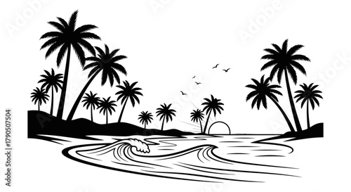 Black and white beach scene with palm trees and ocean waves at sunset