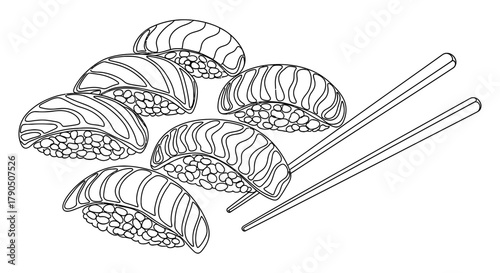 A black and white line drawing of sushi with chopsticks on a white background