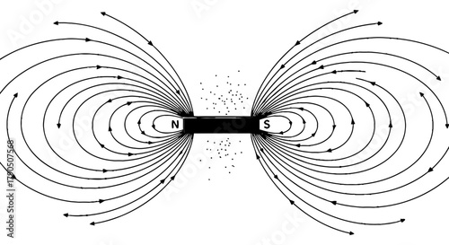 Illustration of a bar magnet with magnetic field lines and iron filings