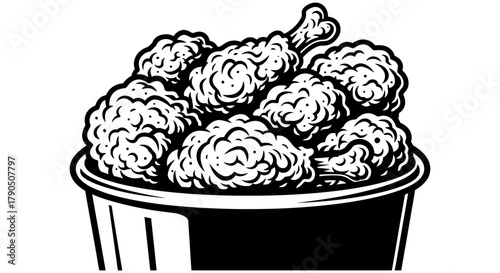 A black and white illustration of a bucket of fried chicken pieces