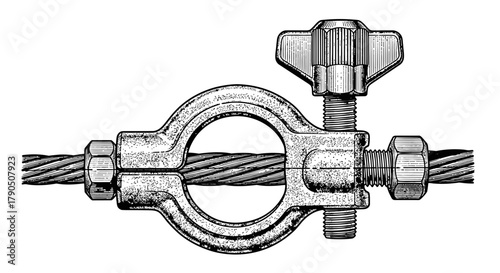 Close up of a wire rope clamp on a cable with a wing nut fastener