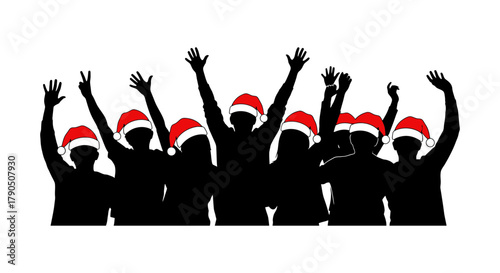 Silhouette of people celebrating with santa hats and raised hands up