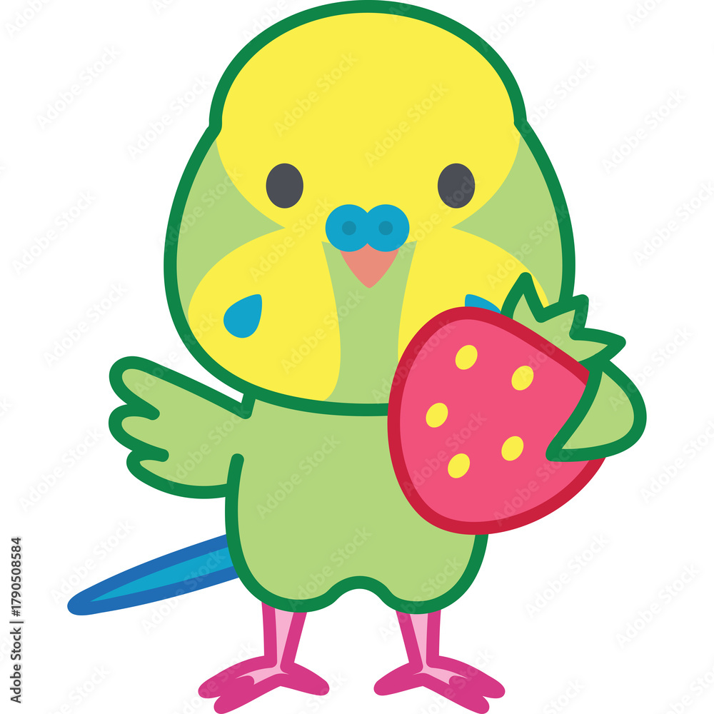 Obraz premium Cute cartoon budgie bird with yellow head and green body holding a red strawberry with yellow dots on transparent background and a blue tear drop shape on its cheek