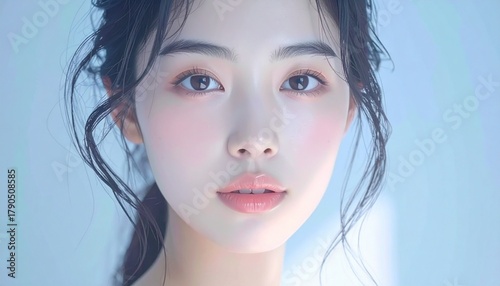 日本人, 超リアル, 美しい若い女性, 顔クローズアップ, 欠点のない肌, 輝く肌質, ナチュラルメイク, 柔らかなライティング, 美容CM風, シネマティック, カメラ目線, 高解像度, Japanese, ultra-realistic, beautiful young woman, face close-up, flawless skin, glowing complexion