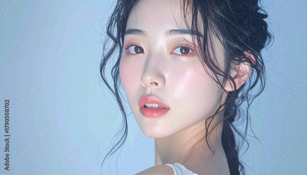 Fototapeta premium 日本人, 超リアル, 美しい若い女性, 顔クローズアップ, 欠点のない肌, 輝く肌質, ナチュラルメイク, 柔らかなライティング, 美容CM風, シネマティック, カメラ目線, 高解像度, Japanese, ultra-realistic, beautiful young woman, face close-up, flawless skin, glowing complexion