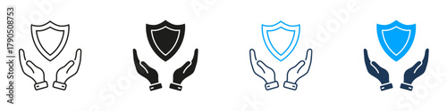 Hands Holding Shield Line And Solid Icon Set. Protection, Security, And Safety Assurance Symbol Collection. Risk Management And Trust Representation. Isolated Vector Illustration