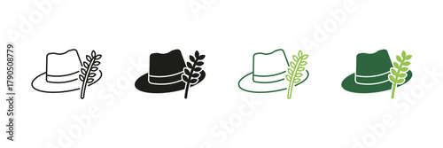 Farmer Hat With Wheat Line And Solid Icon Set. Agriculture, Farming, And Rural Lifestyle Symbol Collection. Represents Harvest, Cultivation, And Traditional Farming. Isolated Vector Illustration