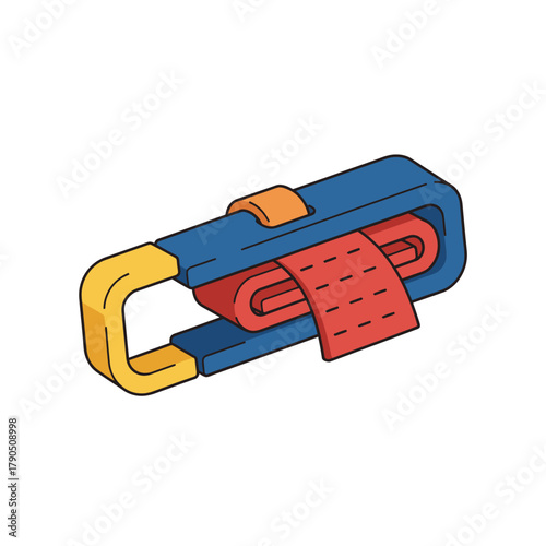 Cartoon tourniquet illustration with blue and yellow holder and red band.