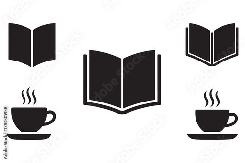 Book and coffee cup group silhouette icon set, reading and relaxation concept on white background illustration
