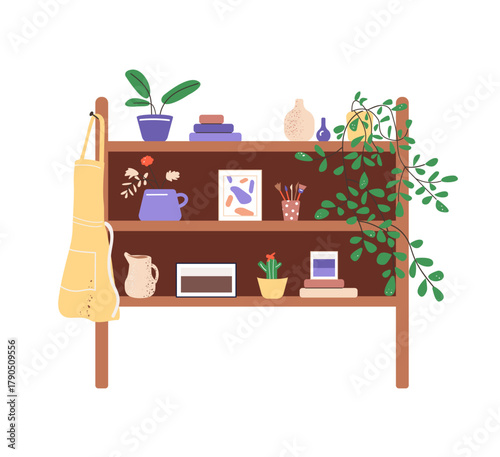 Furniture with houseplants in pots, books, pictures on shelves. Wooden shelving, rack with home plants, vases, hanging apron. Interior decoration. Flat isolated vector illustration on white background