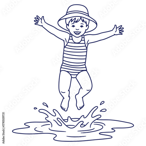 Little girl joyfully jumping in a puddle wearing a hat and striped bathing suit vector illustration