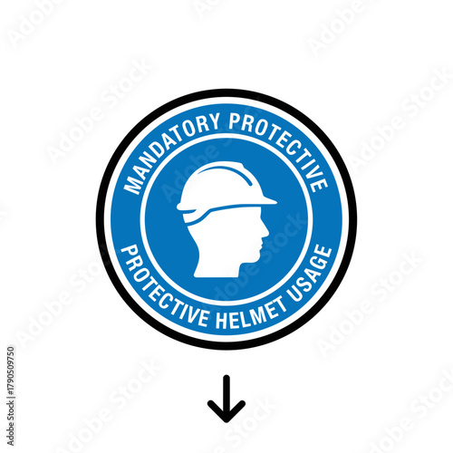 Mandatory Protective Helmet Usage Sign with Arrow Pointing Down.