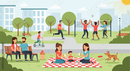 People Enjoying Leisure Time in a Park with Various Activities