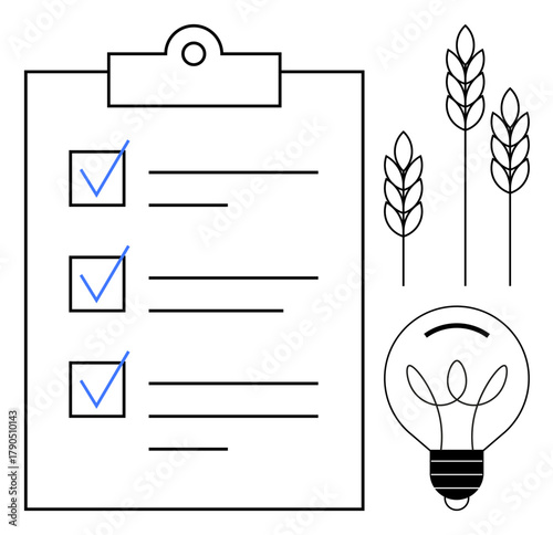 Clipboard with checklist, wheat ears, and a glowing light bulb. Ideal for efficiency, planning, agriculture, innovation, productivity food industry and sustainability. Simple flat metaphor