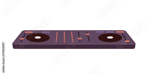 DJ console for electro, disco concert. Disc jockey equipment, deejay controller. Turntable, mixing panel. Mixer to play electronic, techno music. Flat isolated vector illustration on white background.