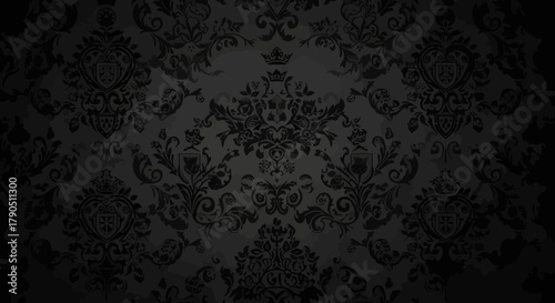 Dark damask wallpaper with intricate floral and crown patterns, creating a vintage and elegant background.