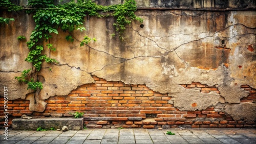 A weathered brick wall with crumbling plaster and vibrant green vines climbing its surface, showcasing a juxtaposition of nature and decay, creating a rustic and textured backdrop.