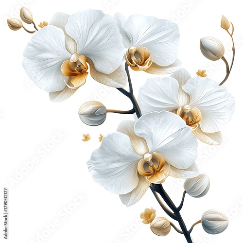 Delicate photo White Orchids with Golden Centers and Buds on White Background phalaenopsis