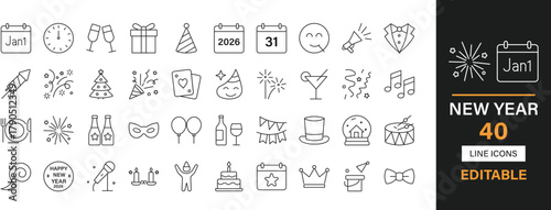 New year 40 editable line icons pack. Countdown, fireworks, champagne, celebration, party, balloons, clock, party hat, confetti, resolution, toast, gift and more icons.