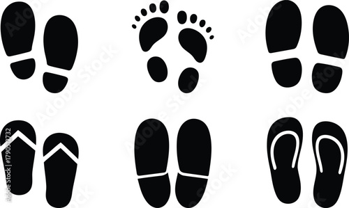 Footprints and Shoes Footwear Icons Isolated on White Background Vector Illustration