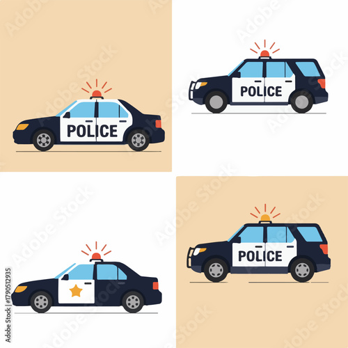 Set of diverse police patrol car illustrations, featuring various law enforcement vehicles with flashing emergency lights and official markings for safety and community service
