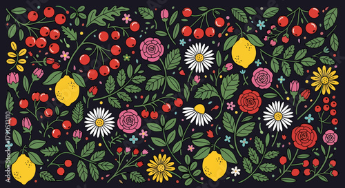 Botanical illustration with cherries, lemons, roses, and daisies on a dark background.