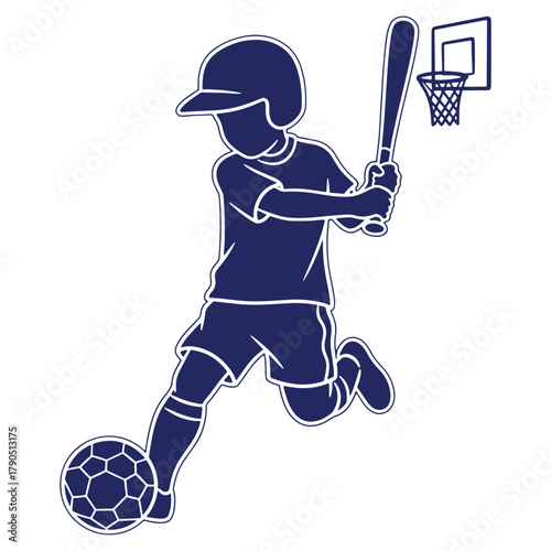 Versatile Young Athlete Playing Multiple Sports Concept Drawing Shows Baseball Soccer and Basketball Skills