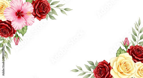 Floral corner arrangement with roses and hibiscus on white background.