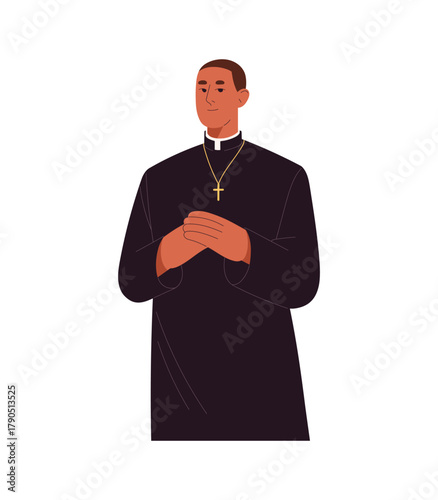 Young Catholic priest in traditional attire with cross. Christian religion clergy portrait. Religious person, monk of catholicism, Saint father. Flat isolated vector illustration on white background.