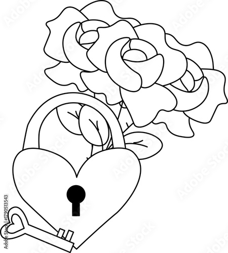 heart key and loch with roses Valentine's Day composition. Vector graphic line illustration. For t-shirt printing, web design, beauty salons, posters, logo creation.