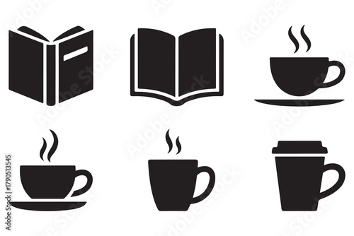Book and coffee cup group silhouette icon set, reading and relaxation concept on white background illustration
